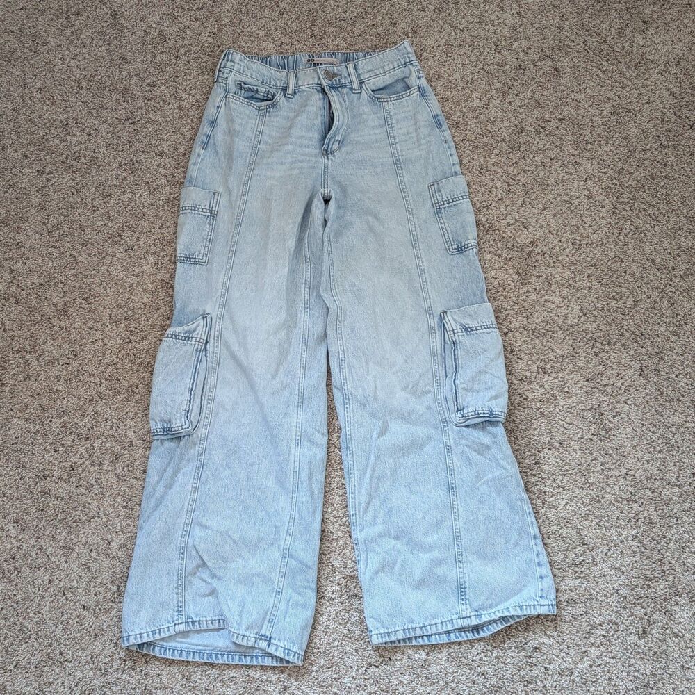 SO High Rise Cargo Wide Leg Light Denim Jeans Small Loose Cotton